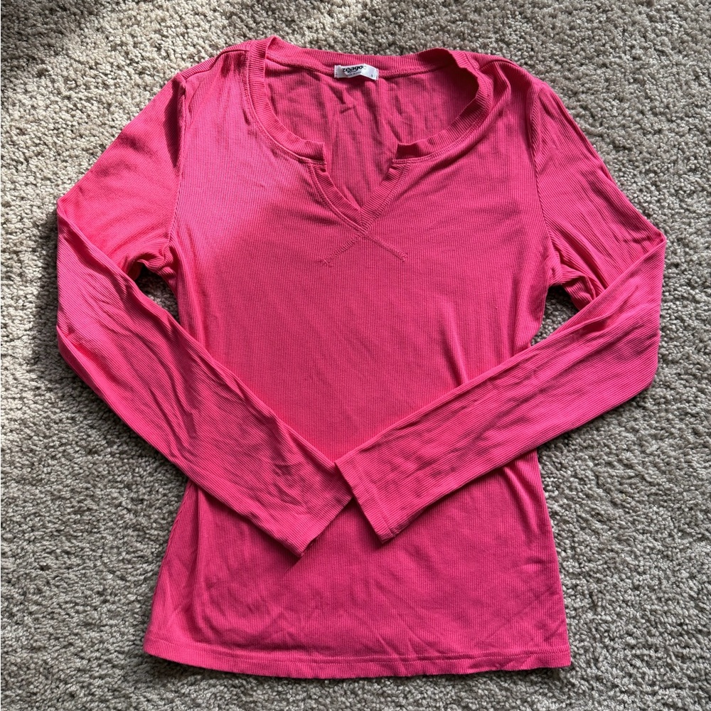 Women's Hot Pink V-Neck Long Sleeve Shirt Top Medium Basic